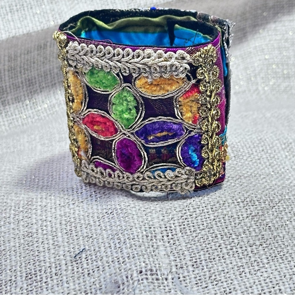 RUBYRUDI Cuff Bracelet Handcrafted OOAK Fabric Embellished Artisan Wearable Art - Picture 2 of 14